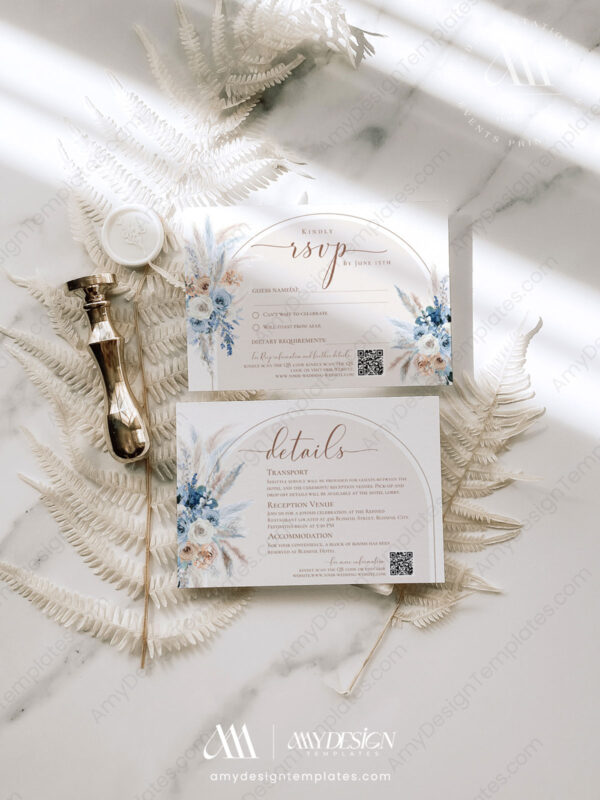 Boho Blue Wedding Invitation Template | Arched Wedding Suite Printable