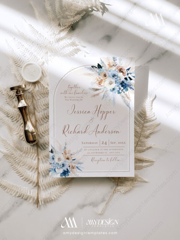 Boho Blue Wedding Invitation Template | Arched Wedding Suite Printable Boho Blue Wedding Invitation Template | Arched Wedding Suite Printable