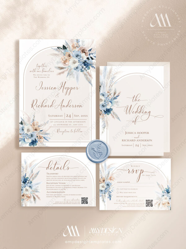 Boho Blue Wedding Invitation Template | Arched Wedding Suite Printable Boho Blue Wedding Invitation Template | Arched Wedding Suite Printable