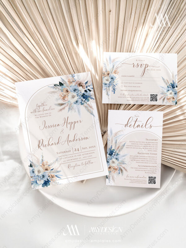 Boho Blue Wedding Invitation Template | Arched Wedding Suite Printable Boho Blue Wedding Invitation Template | Arched Wedding Suite Printable