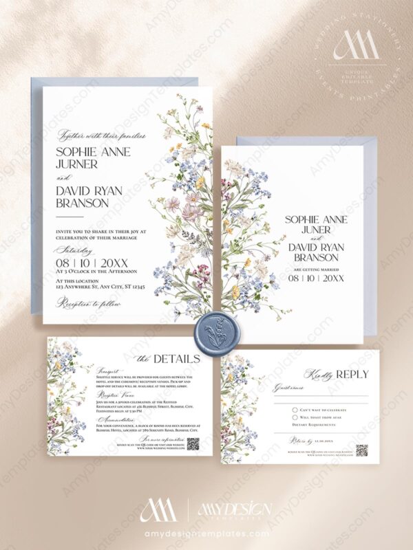 Wildflowers Wedding Invite Template QR Code | Wedding Invitation Card Printable