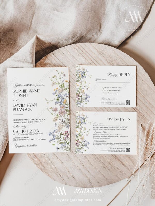 Wildflowers Wedding Invite Template QR Code | Wedding Invitation Card Printable