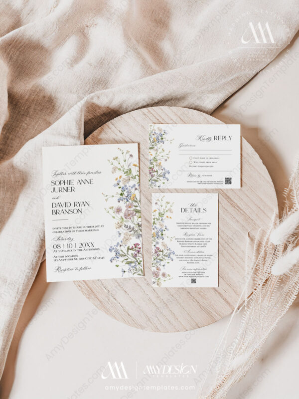 Wildflowers Wedding Invite Template QR Code | Wedding Invitation Card Printable