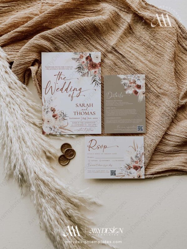 Rustic Boho Fall Wedding Invitations Template Bundle | Earthy Tan Wedding Stationery Printable Fall Boho Wedding Invitations Set | Bohemian Wedding RSVP Templates