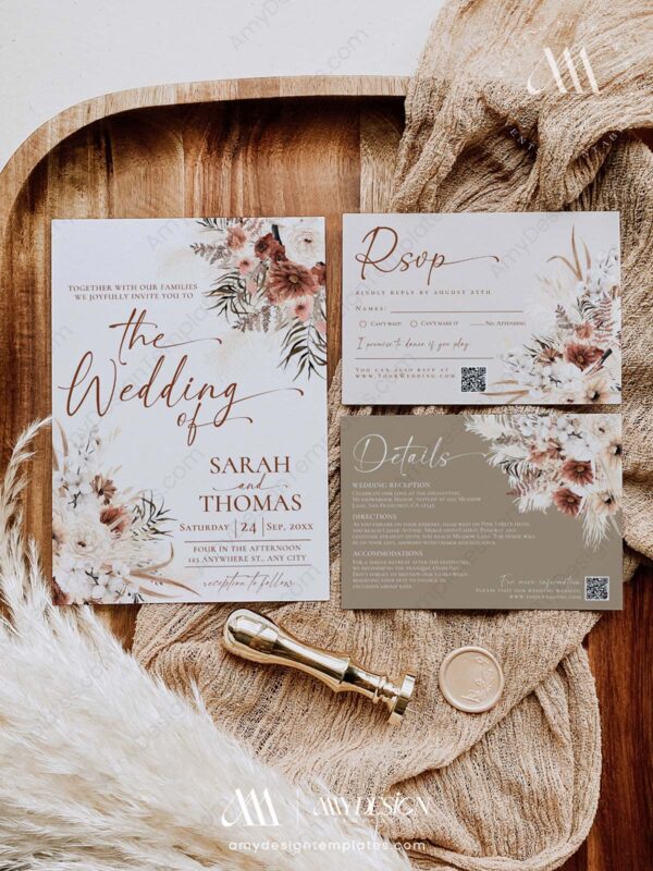 Fall Boho Wedding Invitations Set | Bohemian Wedding RSVP Templates