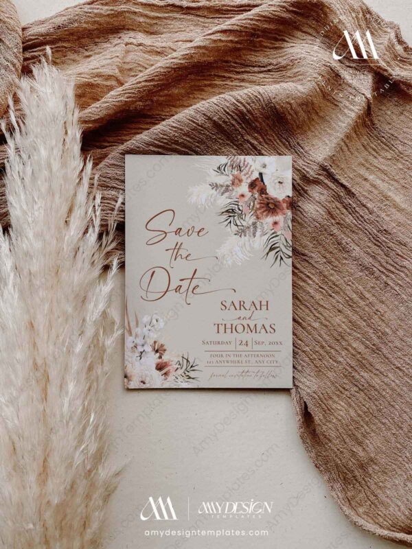 Rustic Boho Fall Wedding Invitations Template Bundle | Earthy Tan Wedding Stationery Printable Terracotta Save The Date Card Template E069