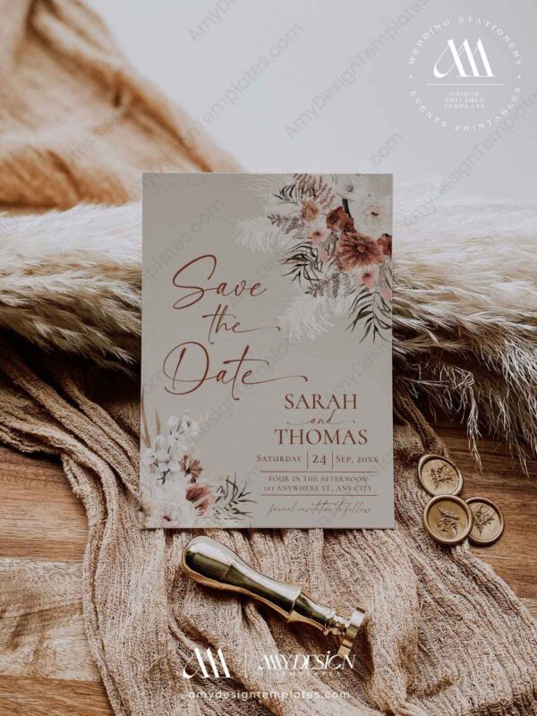Terracotta Save The Date Card Template | Save The Date Digital Download | Bohemian Rustic Terracotta Save The Date Card Template E069