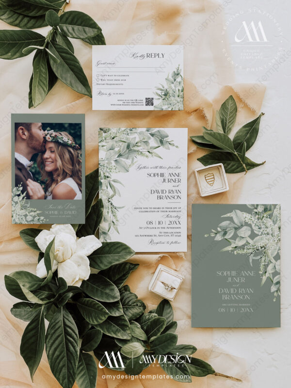Greenery Rustic Wedding Invitation Template | Sage Green Wedding Suite | Eucalyptus Invite