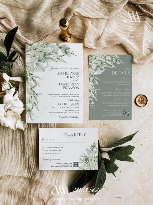 Greenery Rustic Wedding Invitation Template | Sage Green Wedding Suite | Eucalyptus Invite Greenery Rustic Wedding Invitation Template | Sage Green Wedding Suite | Eucalyptus Invite