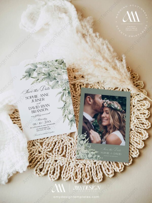 Sage Green Wedding Save The Date Template with Photo | Rustic Save Our Dates | Eucalyptus Sage Green Wedding Save The Date E070
