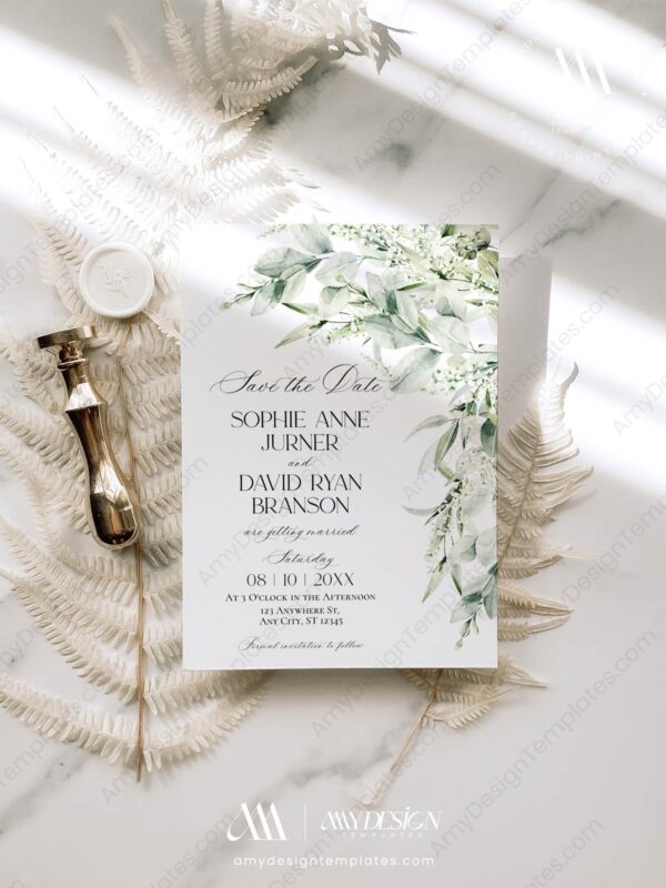 Sage Green Wedding Save The Date Template with Photo | Rustic Save Our Dates | Eucalyptus Sage Green Wedding Save The Date E070