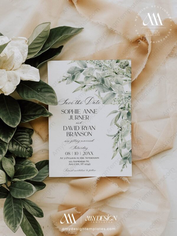 Sage Green Wedding Save The Date Template with Photo | Rustic Save Our Dates | Eucalyptus Sage Green Wedding Save The Date E070