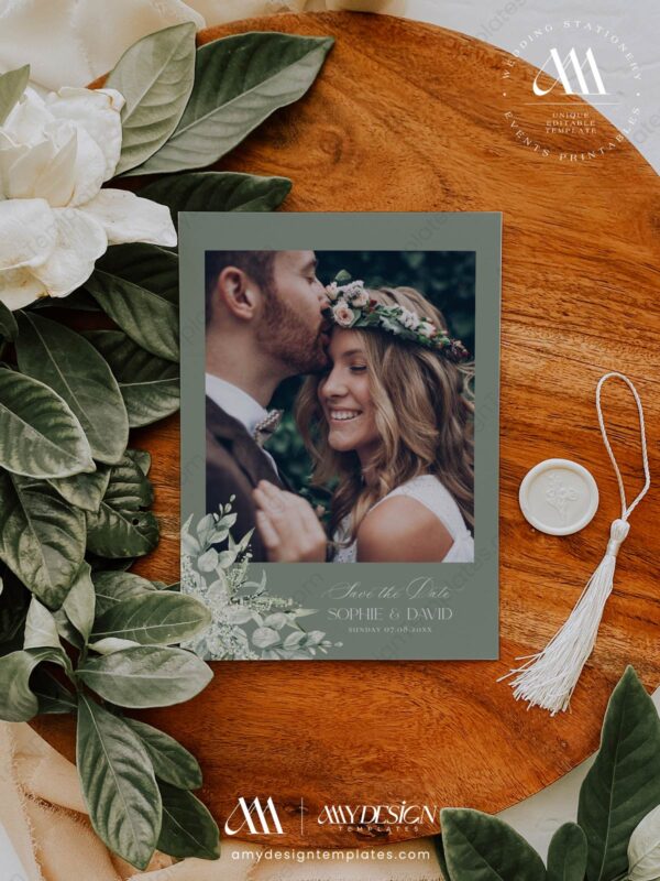 Sage Green Wedding Save The Date Template with Photo | Rustic Save Our Dates | Eucalyptus Sage Green Wedding Save The Date E070