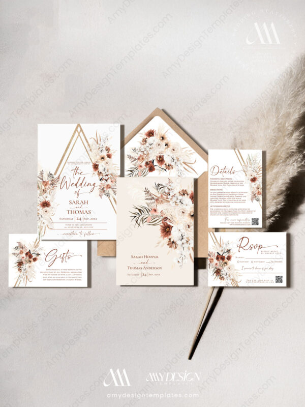 Boho Terracotta Wedding Invitation Suite | Fall Wedding Set Printable