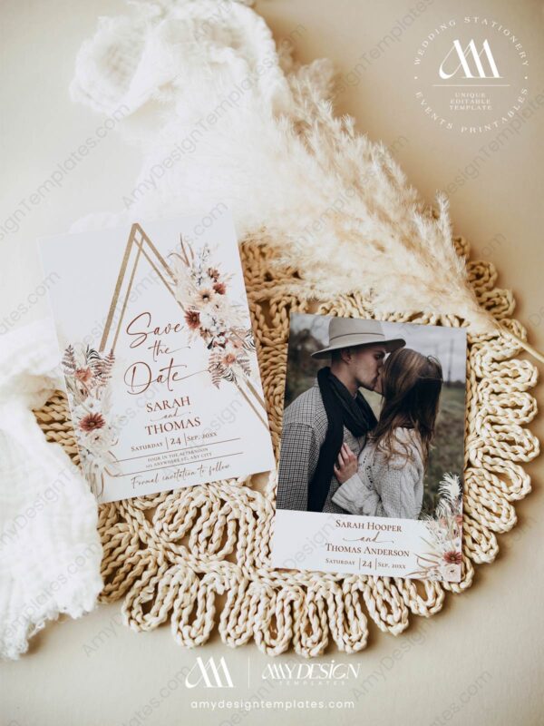 Terracotta Boho Save The Date Card | Wedding Bohemian Save Our Date | Editable Template Terracotta Boho Save The Date Card E071