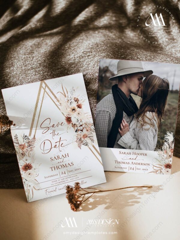 Terracotta Boho Save The Date Card | Wedding Bohemian Save Our Date | Editable Template Terracotta Boho Save The Date Card E071