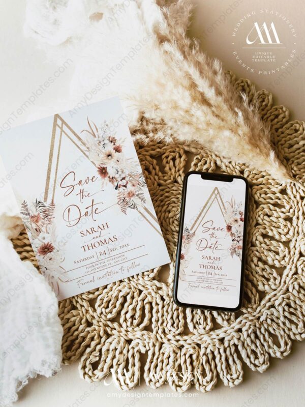 Terracotta Boho Save The Date Card | Wedding Bohemian Save Our Date | Editable Template Terracotta Boho Save The Date Card E071