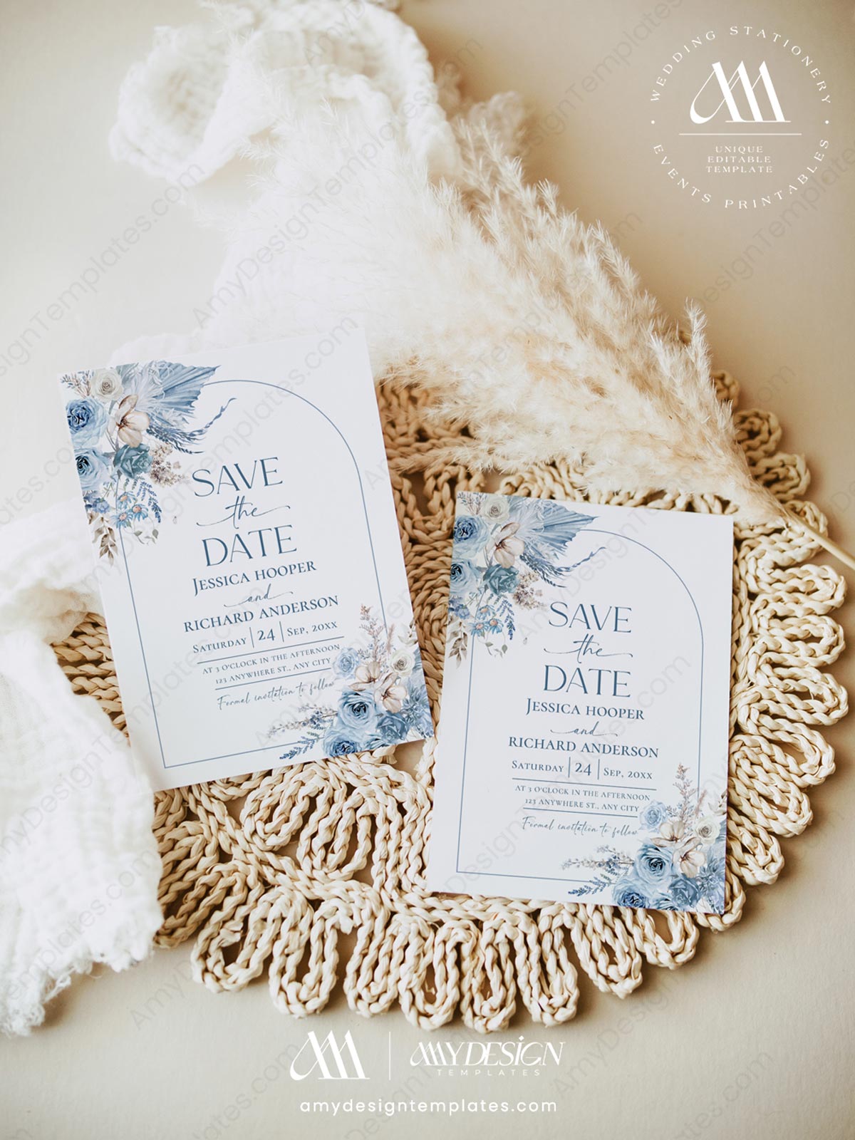 Blue Wedding Save The Dates Template Printable Editable | Floral Save Our Date Card Blue Wedding Save The Dates Template E072