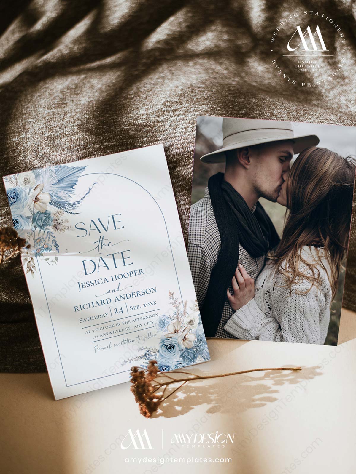 Blue Wedding Save The Dates Template Printable Editable | Floral Save Our Date Card Blue Wedding Save The Dates Template E072