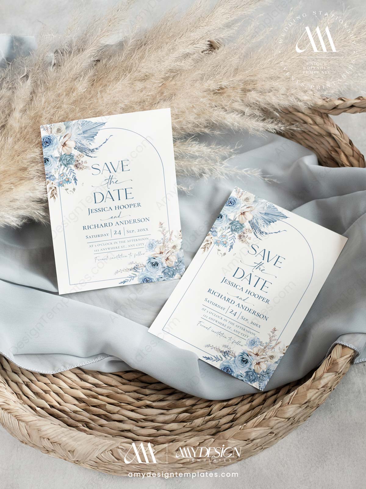 Blue Wedding Save The Dates Template Printable Editable | Floral Save Our Date Card Blue Wedding Save The Dates Template E072