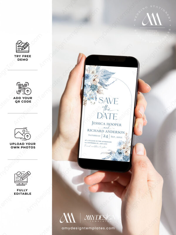 Blue Wedding Save The Dates Template Printable Editable | Floral Save Our Date Card Blue Wedding Save The Dates Template E072