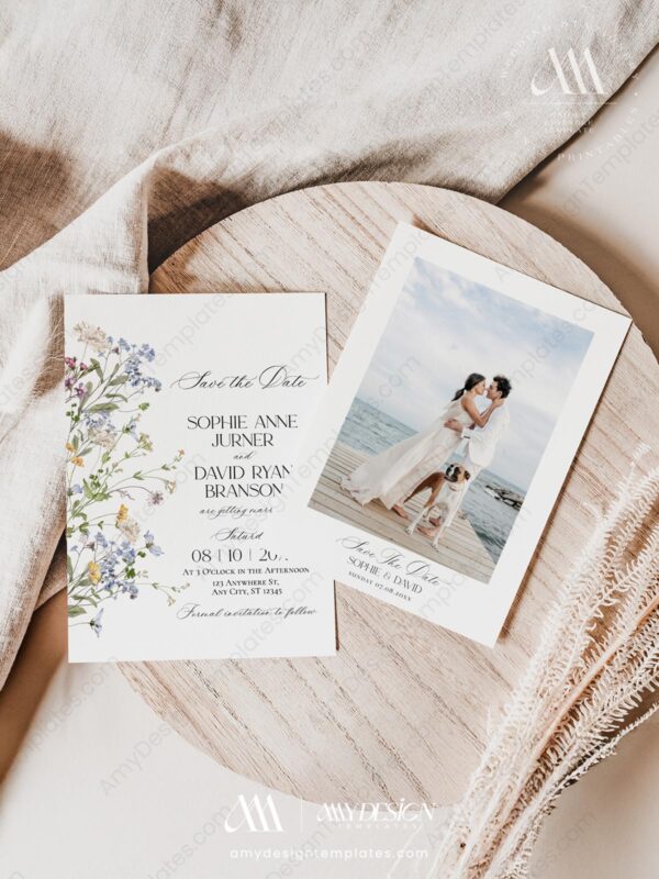 Spring Wildflower Save The Date Cards Template | Photo Colorful Wedding Save The Dates