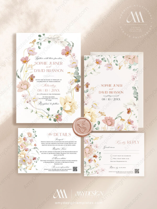 Blush Pink Floral Wedding Invitations Card | Spring Wedding Template