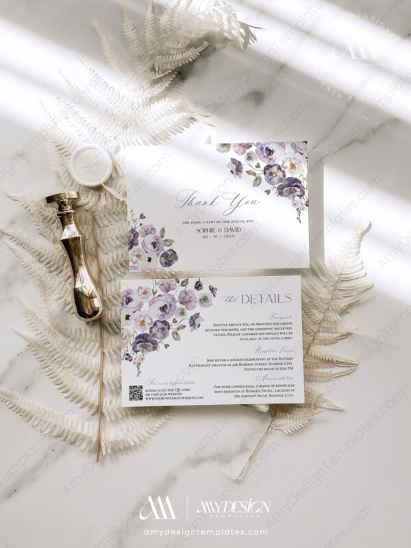 Purple Floral Wedding Invitation Card Template | Violet Wedding Set | Poppy Flowers Purple Floral Wedding Invitation Card Template | Violet Wedding Set | Poppy Flowers