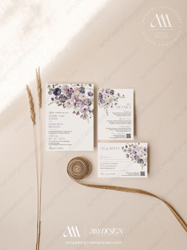Purple Floral Wedding Invitation Card Template | Violet Wedding Set | Poppy Flowers