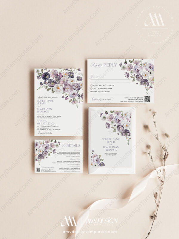 Purple Floral Wedding Invitation Card Template | Violet Wedding Set | Poppy Flowers Purple Floral Wedding Invitation Card Template | Violet Wedding Set | Poppy Flowers