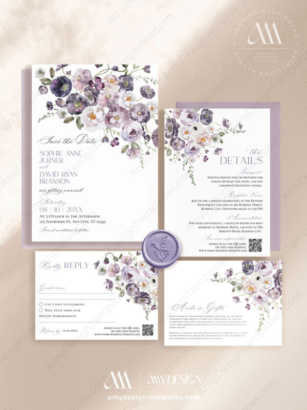 Purple Floral Wedding Invitation Card Template | Violet Wedding Set | Poppy Flowers