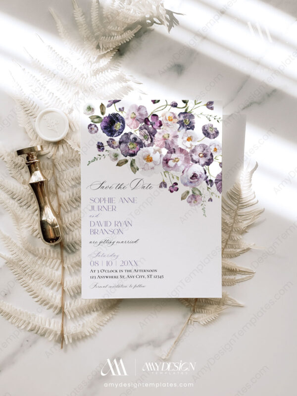 Purple Floral Wedding Invitation Card Template | Violet Wedding Set | Poppy Flowers Purple Floral Wedding Invitation Card Template | Violet Wedding Set | Poppy Flowers