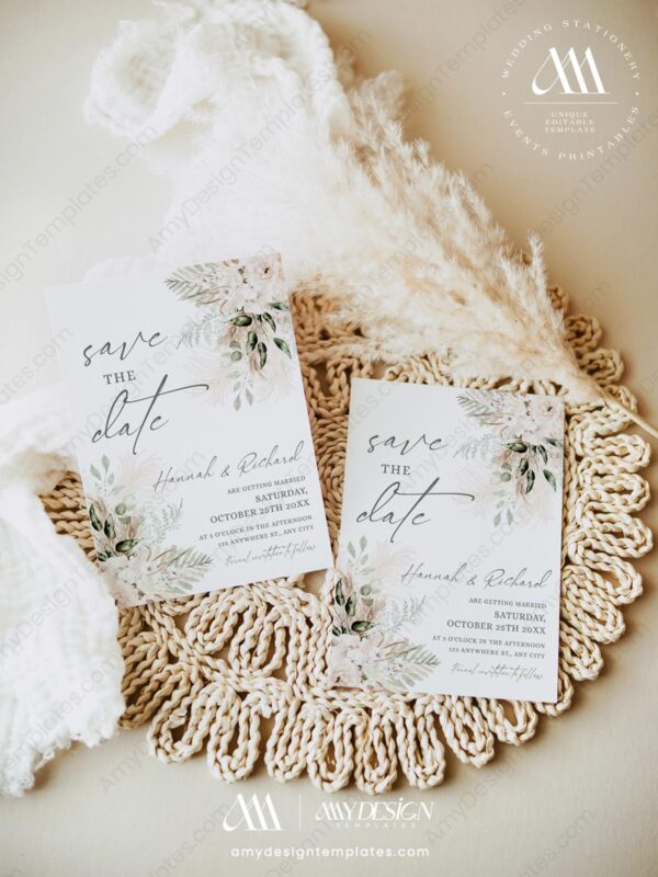 Greenery Rustic Wedding Save The Date Card | Boho Save The Date Template with Photo Greenery Rustic Wedding Save The Date Card E078