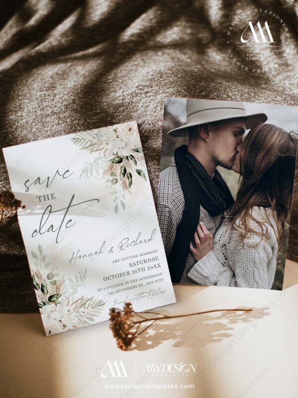 Greenery Rustic Wedding Save The Date Card | Boho Save The Date Template with Photo Greenery Rustic Wedding Save The Date Card E078