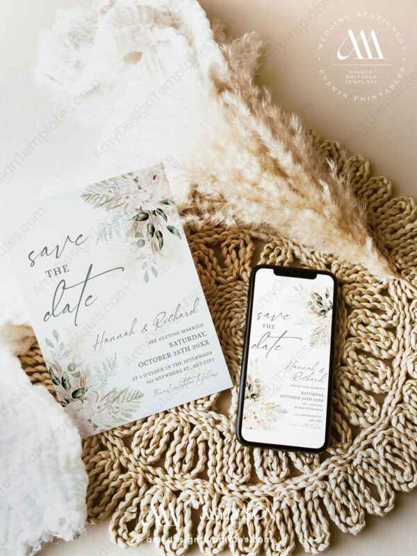 Greenery Rustic Wedding Save The Date Card | Boho Save The Date Template with Photo Greenery Rustic Wedding Save The Date Card E078