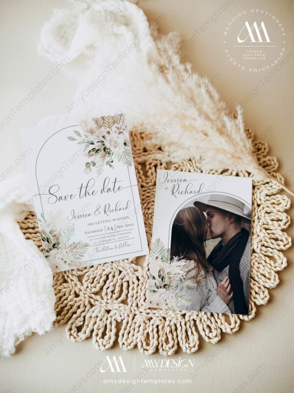Green Save The Date Template | Boho Floral Photo Wedding Save The Dates Download Green Save The Date Template E079