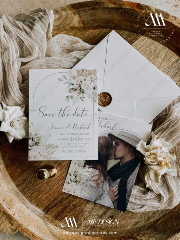 Green Save The Date Template | Boho Floral Photo Wedding Save The Dates Download Green Save The Date Template E079