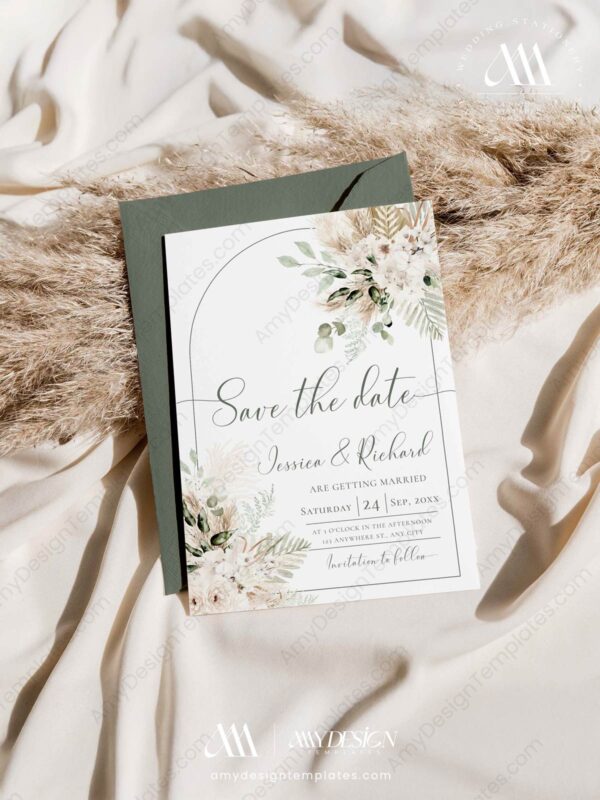 Green Save The Date Template | Boho Floral Photo Wedding Save The Dates Download Green Save The Date Template E079