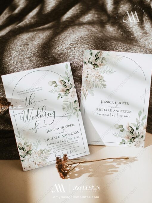 Boho Wedding Invitation Template – Green Pampas Grass Invite Set - Image 5