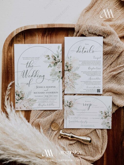 Boho Wedding Invitation Template – Green Pampas Grass Invite Set - Image 6