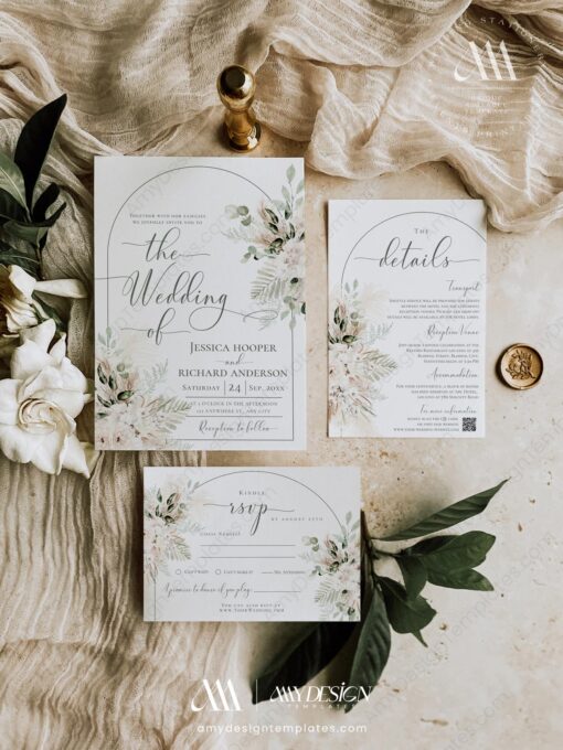 Boho Wedding Invitation Template – Green Pampas Grass Invite Set
