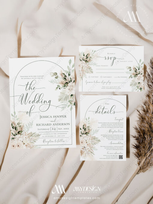 Boho Wedding Invitation Template – Green Pampas Grass Invite Set - Image 4