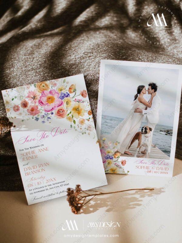 Summer Spring Floral Wedding Invitation Card | Wedding Suite Template | Peach Purple Colorful Flowers Colorful Floral Save the Date Wedding E083