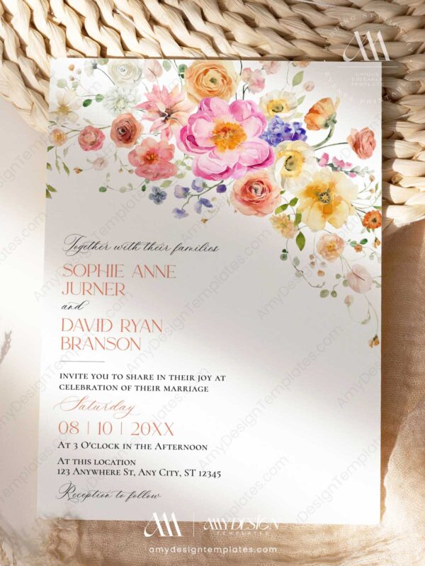 Spring Floral Wedding Invitation Template | Bright Flirty Floral Wedding