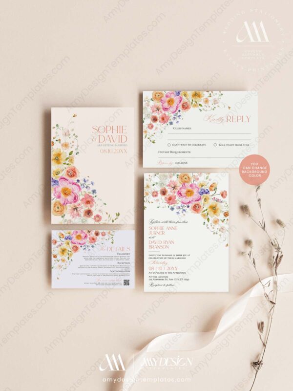 Spring Floral Wedding Invitation Template | Bright Flirty Floral Wedding Spring Floral Wedding Invitation Template | Bright Flirty Floral Wedding