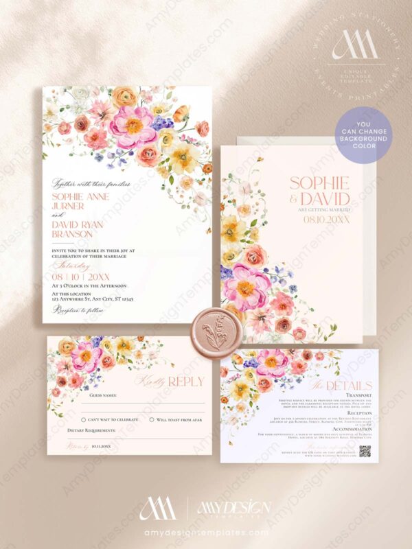 Spring Floral Wedding Invitation Template | Bright Flirty Floral Wedding