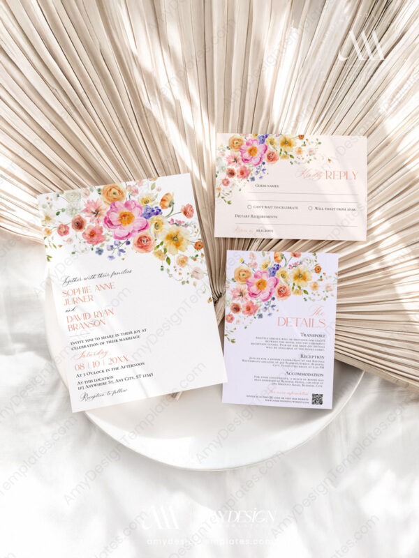Spring Floral Wedding Invitation Template | Bright Flirty Floral Wedding Spring Floral Wedding Invitation Template | Bright Flirty Floral Wedding