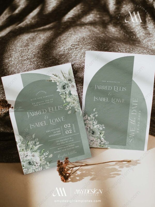 Sage Green Boho Arch Wedding Invitation Card Template Printable | Greenery Wedding Invites Set Sage Green Boho Arch Wedding Invitation Card Template Printable | Greenery Wedding Invites Set