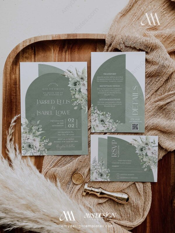 Sage Green Boho Arch Wedding Invitation Card Template Printable | Greenery Wedding Invites Set Sage Green Boho Arch Wedding Invitation Card Template Printable | Greenery Wedding Invites Set