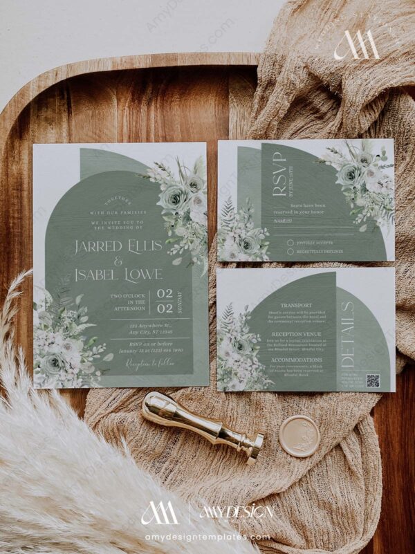 Sage Green Boho Arch Wedding Invitation Card Template Printable | Greenery Wedding Invites Set